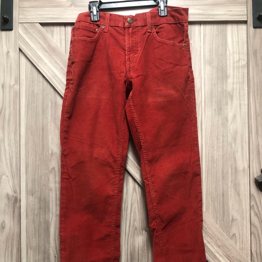 Red corduroy Levi white tab jeans
